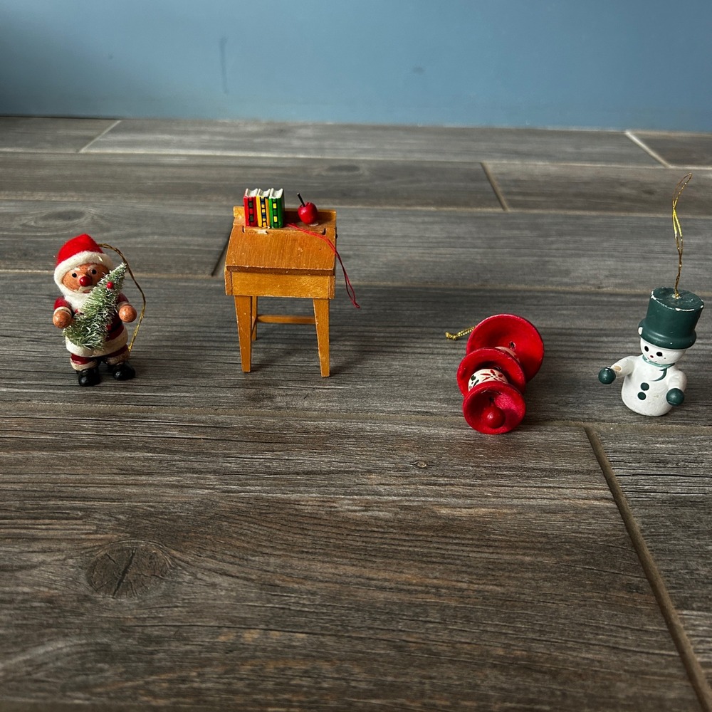 Vintage Wooden Christmas Ornaments Lot Santa Snowman Horse Gingerbread Man Bells